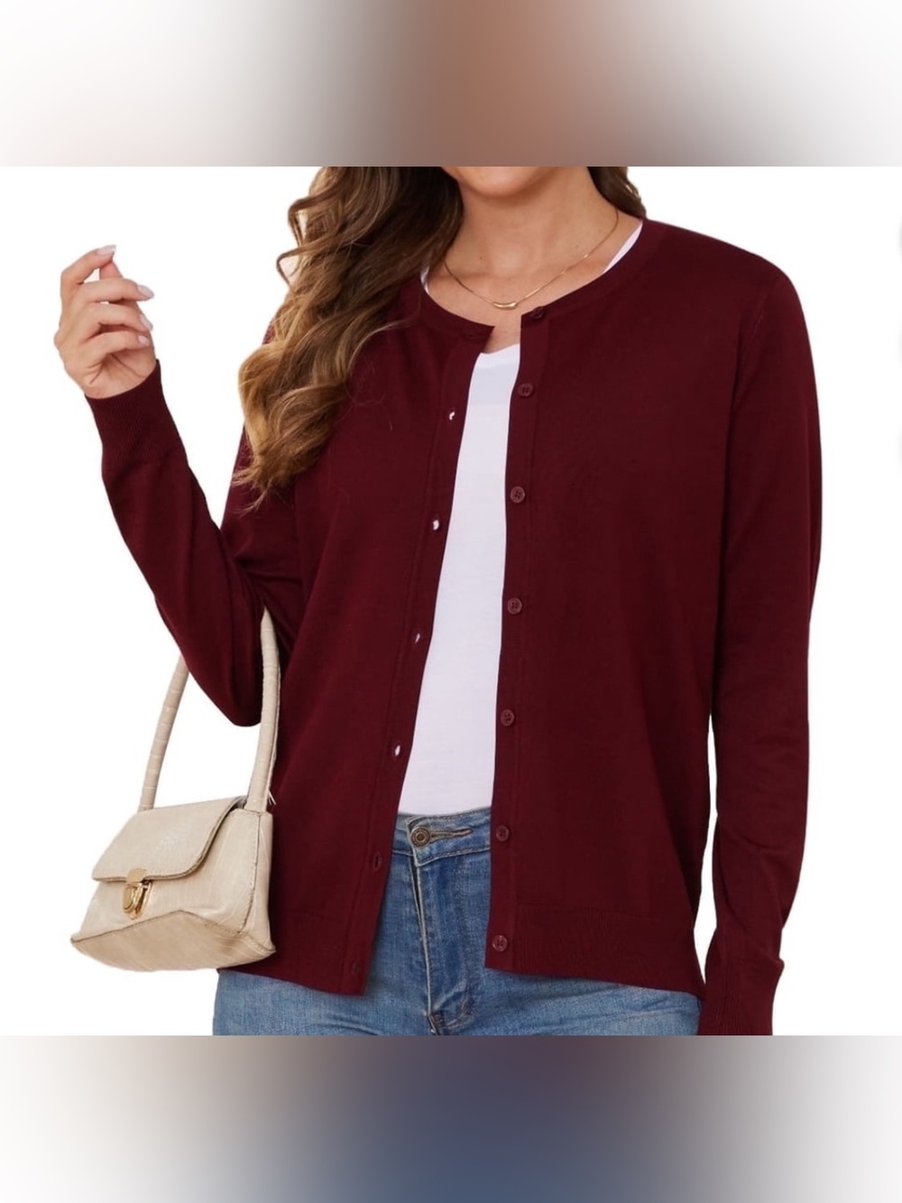 august silk Maroon Button-Front Crewneck Cardigan